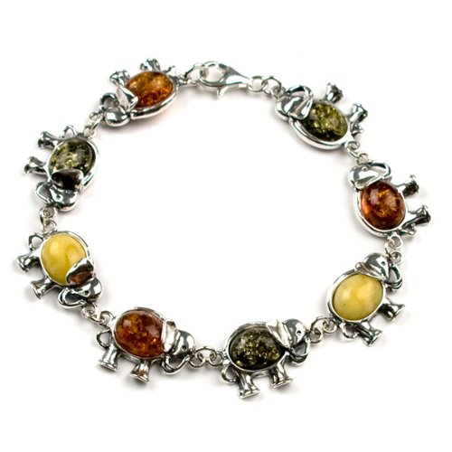 Multicolor Amber And Sterling Silver Elephant Bracelet 7 5