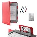 Forefront Cases� Funda de cuero sint�tico para el nuevo Kindle Touch de Amazon con luz LED recargable para lectura, color rojo, Wi-Fi 6", �ltima generaci�n + PROTECTOR DE PANTALLA Y L�PIZ �PTICO