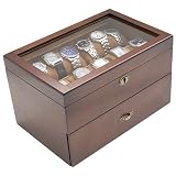 Vintage Wood Clear Glass Top Watch Box Display Storage Case Chest Holds 20+ Watches With Adjustable Soft Pillows and High Clearance for Larger Watches