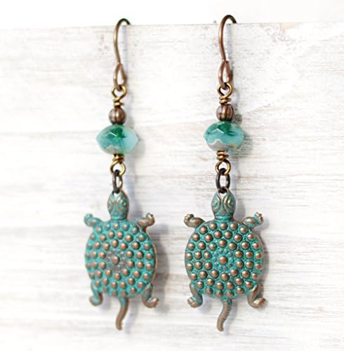 Antique Brass Green Sea Turtle Earrings