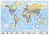 World Map Poster with Country Flags, Timezones and detailed N. & S. Poles. 36 x 24 inches.