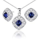 Elegant Princess Checkerboard Cut Created Blue Sapphire Pendant Earrings Set in Sterling Silver
