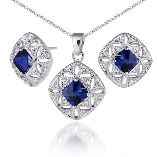 Elegant Princess Checkerboard Cut Created Blue Sapphire Pendant Earrings Set in Sterling Silver