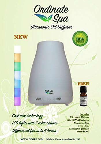 Aromatherapy Essential Oil Diffuser By Ordinate Spa - Ultrasonic Humidifier Includes 10ml Eucalyptus Oil