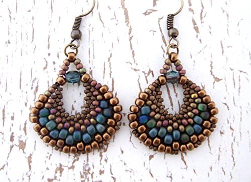 Pastel Petrol Blue And Antique Bronze Handcrafted Bead Woven Dangle Earrings - Beadwork With Seed beads - Peyote Fan-The Artisan Group Member