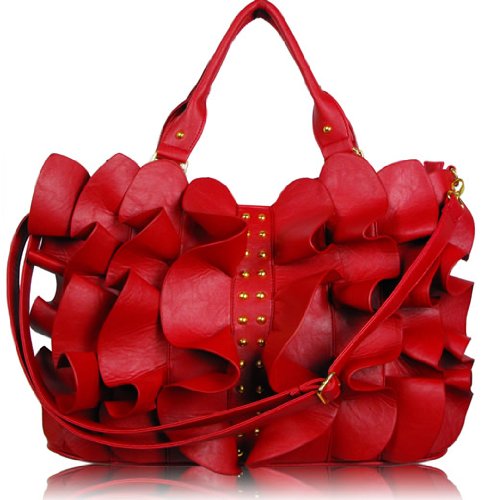 KCMODE Womens Red Ruffle Studs Tote Designer Handbag