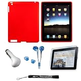 RED Silk Premium Durable Protective Skin for Apple iPad 2 Tab Tablet 2nd Generation + Includes a High Quality and Durable Anti Glare Screen Protector, will prevent from any scratches and dirt going to your iPad Touch Screen + Includes a Car Charger and High Quality Earphones Headphones