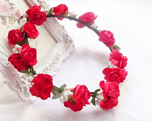 Boho Red floral crown Handmade paper rose flower headpiece with ribbon Wedding holiday hair headbands for flower girl red