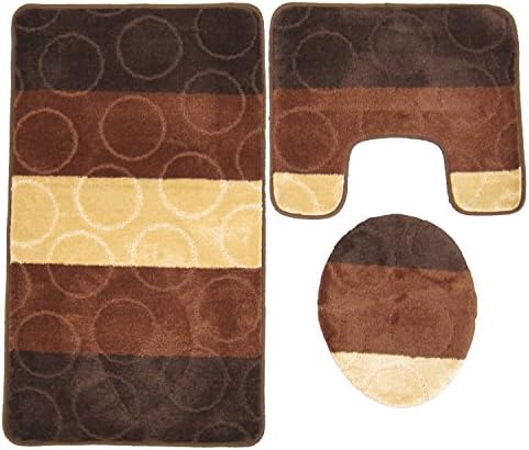 Cameron 3-Piece Mega Size Bathroom Mat Set, Circles Design, Coffee Brown
