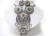 GLAMOROUS XX-Large and Long Filigree Flower 4-Strand Bib Necklace and Earrings Set Silver and Gun Metal Tone