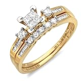 0.53 Carat (ctw)10k Yellow Gold Princess, Baguette & Round Diamond Ladies Bridal Ring Set Engagement with Matching Band