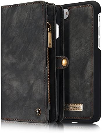 iPhone 7 Plus Case,iPhone 7 Plus Leather Wallet Case,NERVX Cowhide Leather Wallet Cover Case,[Zipper Wallet] Detachable Magnetic Hard Case,14 Card Slots for iPhone 7 Plus (Dark grey)