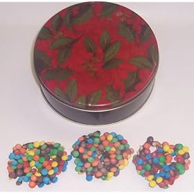 Scott's Cakes 1 lb. Dark Chocolate Covered Pretzel with M & M's in a Holly Tin
