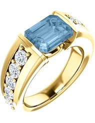 14K Yellow Gold 9.00x7.00mm Emerald Cut Sky Blue Topaz and Diamond Ring -- LIFETIME WARRANTY