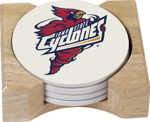 NCAA Iowa State Cyclones Absorbent Coaster Four Pack Gift Set with Butcher Block Holder