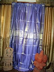 Brocade Curtain- Pair Royal Blue Gold Rod Pocket Sari Saree Curtains