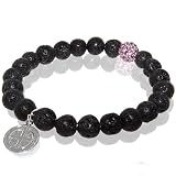 Lava Rock Stretch Bracelet with Religious Charm & Pink Rhinestone Bead Accent