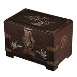 Handmade Mother Of Pearl Brown Wood Jewelry Box - Chinese Bird & Floral Plum Tree Design