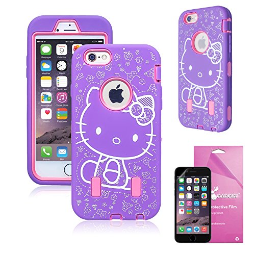 iPhone 6 Heavy Duty Case Kitty, EpicGadget(TM) Purple Pink Miss Kitty with Built-In Screen Protector High Impact Rubber Armor Hybrid Hard Case Cover For Apple iPhone 6 [4.7] + HD Clear iPhone 6 4.7 Screen Protector (US Seller!!) (Purple Pink Miss Kitty)