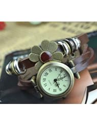 FuzzyGreen® Coffee Brown Color Women Girls Ladies Tiny Daisy Flower Leather Belt Vantage Bracelet Wrist Watch