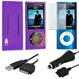Purple Silicone Skin Case for iPod Gen5 Nano + Car Charger + USB Hotsync + Charging [2-IN-1] Cable + Screen Protector