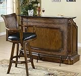 3pc Bar Unit and Bar Stools Set with Leather Seat in Brown Finish