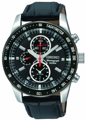 Seiko Men's SNAE35 Chronograph Black Dial Leather Strap Watch