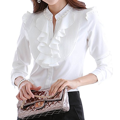 （オチェーンタ）OCHENTA 2016 秋 ブラウス シャツ シフォン オフィス 通勤 白 レディース フリル 長袖 パフスリーブ スタンドカラー パール 上品 エレガント 大きいサイズ