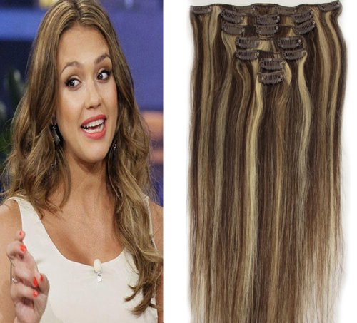 Emosa 100% Real Full Head Remy Human Hair Clip In Extensions #4/613 Medium Brown Mixed With Light blonde Silky Soft
