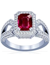 14K White Gold Cushion Cut Ruby Ring With Sidestones