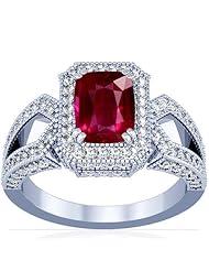 18K White Gold Cushion Cut Ruby Ring With Sidestones
