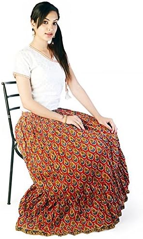 Jaipur Raga Women's Rajasthani Booti Pure Cotton Long Long Skirt Free Size Red-Blue