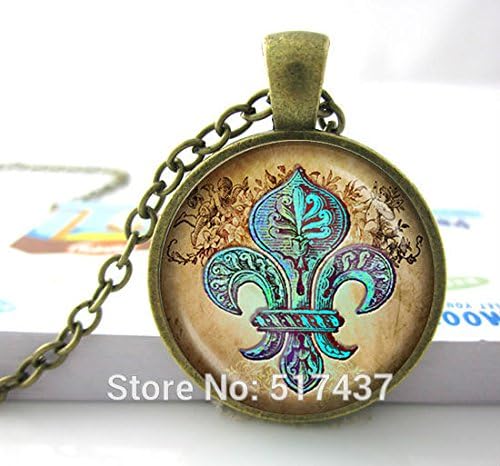 Pretty Lee Fleur De Lis With Cherubs Aqua On Tan Parchment - Vintage-Inspired Handcrafted Keepsake Pendant - Glass Photo Pendant Necklace