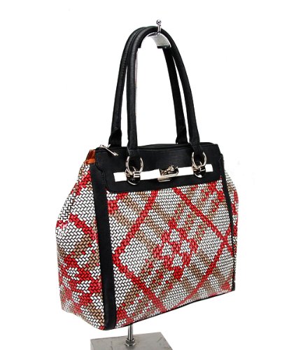 Elegant Reiko Grid Patterned Tote Handbag - Red & White Elegant Reiko Grid Patterned Tote Handbag - Red & White
