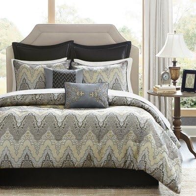 Queen Comforter Set 12 Piece bed-in-bag unique jacquard Chevron printed multi colour + bonus bundle scalp massaging comb