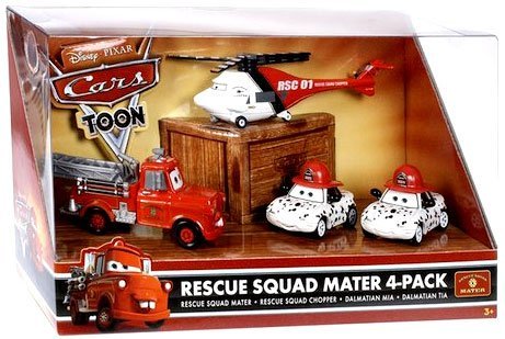 "Disney / Pixar CARS TOON 1:55 Die Cast Car Rescue Squad 4-Pack #2 (Firetruck Mater, Rescue Chopper, Dalmations Mia and Tia)"