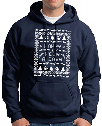Ugly Christmas Sweater Cat Lover's Premium Hoodie Sweatshirt Large Navy
