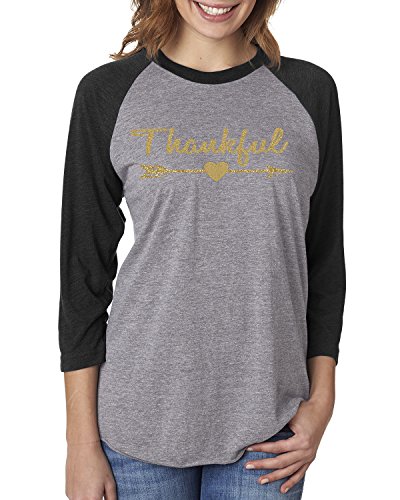 Thankful Gold Glitter Christmas Shirt Womens 3/4 Raglan Sleeve T-Shirt Top