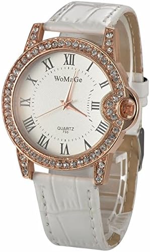 Elegant Golden Rhinestone Brzel PU Leather Band Quartz Watches - White