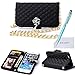 ACO-UINT iPhone 6s Plus Wallet Case,iPhone 6s Plus Handbag Purse Case,Luxury Soft Grid PU Leather Wallet Case,Folio Flip Book Cover Case with Pearl Strap for iPhone 6/6s Plus Black