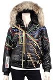 United Face Womens New York City Map Fur Hooded Leather Bomber Jacket