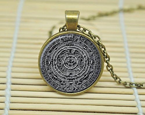 ArtShop Aztec Calendar Necklace Sun Stone Pendant The Xiuhpohualli The Tonalpohualli Glass Cabochon Necklace A1678