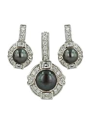 Sterling Silver Gray Freshwater Pearl Heart and Rectangular Shape of Clear Cubic Zirconia Surrounded Earring and Pendant Set 16 inches chain