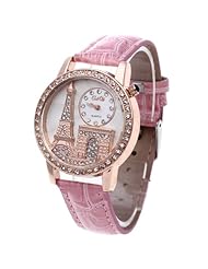 Womens Quartz Wristwatch Pink Leather Band Rhinestone White Dial Eiffel Towel