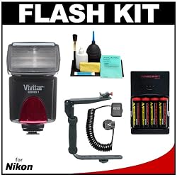 Vivitar High Power Auto Flash DF-383 with Bounce & Swivel Head + Bracket + Cord + (4) AA Batteries & Charger + Cleaning Kit for Nikon D40, D60, D3000, D3100, D5000, D5100, D7000, D300s, D3 & D3s Digital SLR Cameras