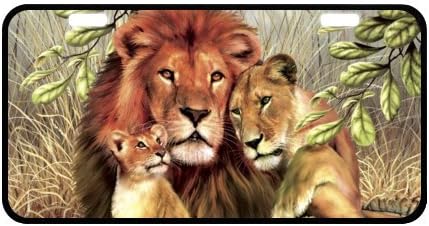 6.1" X 11.8" Top Quality African Wildlife Painting Lion Family Love Art Metal License Plate for Car Black Trim Front License Plate Decorative