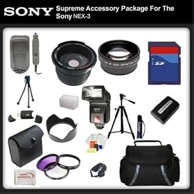 Supreme Accessory Package For Sony NEX-3, NEX-5, NEX 3N, NEX 5N, NEX-C3, NEX-C3K, NEX 7 Includes: 16GB SD Card, SD Card Reader, Battery & Charger, Lens Hood, 0.5x Wide Angle Lens , 2X Telephoto Lens, 57 Inch tripod, Swivel TTL Flash, Flash Diffuser and More...THIS LENS WILL ATTACH TO ANY OF THE FOLL