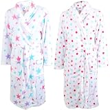 Coloured Print Super Soft White Fleece Wrap Round With Tie Belt Dressing Gown