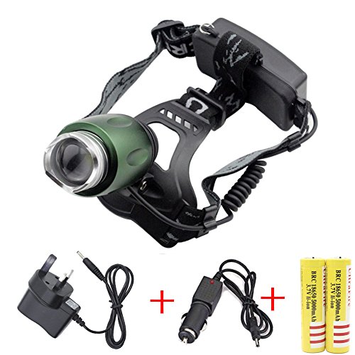 Genwiss CREE XM-L T6 LED Zoom Headlamp 3000Lm Torch light Head lamp Rechargeable for Camping Biking Working Hunting Fishing Riding Walking (2 x 5000mAh 18650 Battery + charger + Car Charger)(Green)