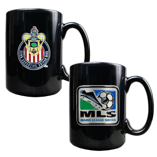 Sports MLS CLUB DEPORTIVO CHIVAS USA 2pc Black Ceramic Mug Set - Primary Team Logo & MLS Logo/Black Ceramic